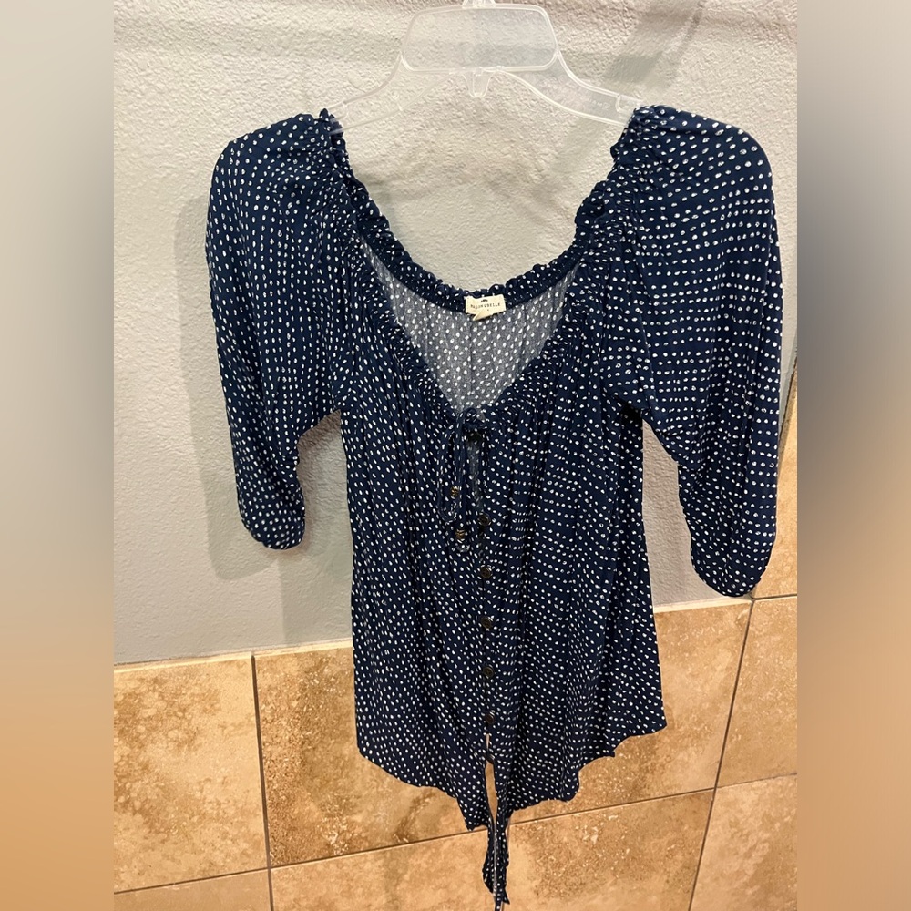 Mason Belle Tie Front Navy & White Polka Dot Top Size Small